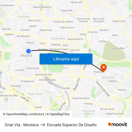 Gran Vía - Montera to Escuela Superior De Diseño map