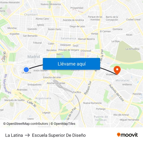La Latina to Escuela Superior De Diseño map