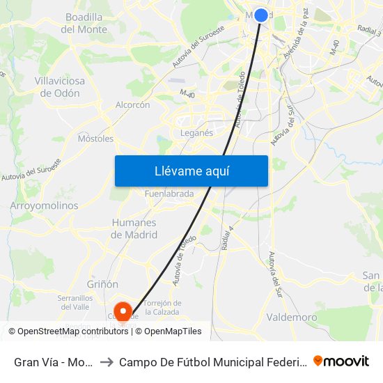 Gran Vía - Montera to Campo De Fútbol Municipal Federico Núñez map