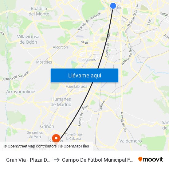 Gran Vía - Plaza De España to Campo De Fútbol Municipal Federico Núñez map
