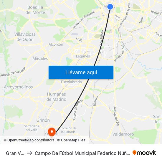 Gran Vía to Campo De Fútbol Municipal Federico Núñez map