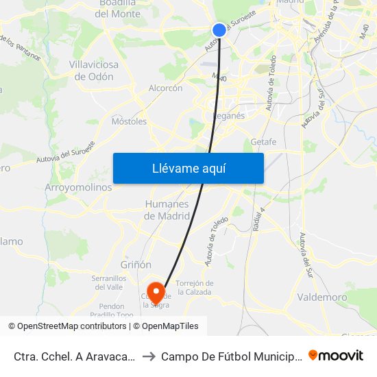 Ctra. Cchel. A Aravaca - Colonia Jardín to Campo De Fútbol Municipal Federico Núñez map