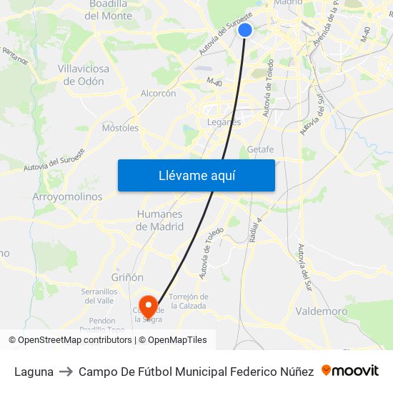 Laguna to Campo De Fútbol Municipal Federico Núñez map