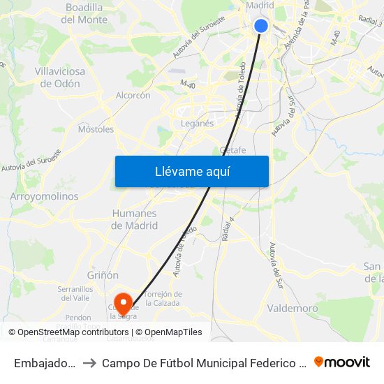 Embajadores to Campo De Fútbol Municipal Federico Núñez map