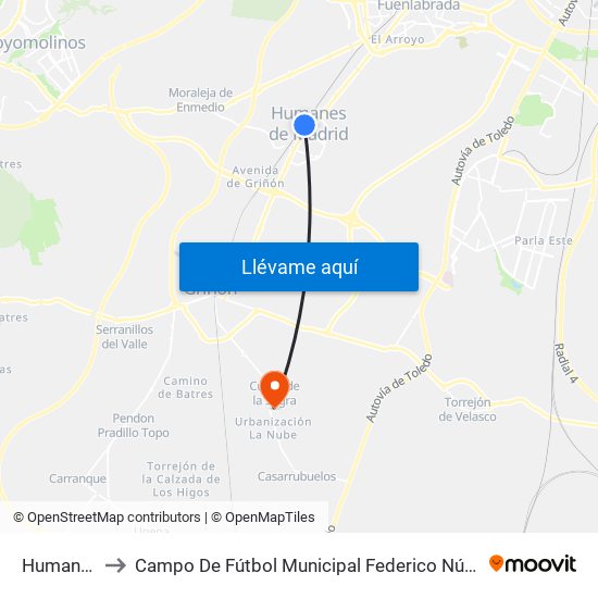 Humanes to Campo De Fútbol Municipal Federico Núñez map