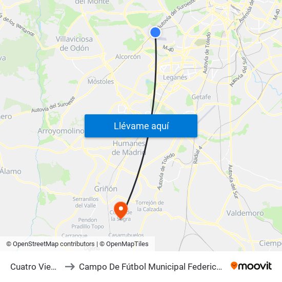 Cuatro Vientos to Campo De Fútbol Municipal Federico Núñez map