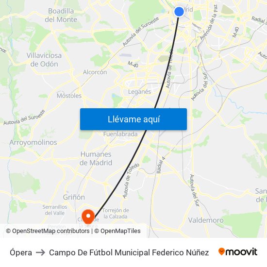 Ópera to Campo De Fútbol Municipal Federico Núñez map