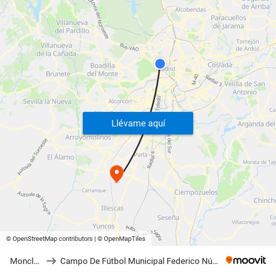 Moncloa to Campo De Fútbol Municipal Federico Núñez map
