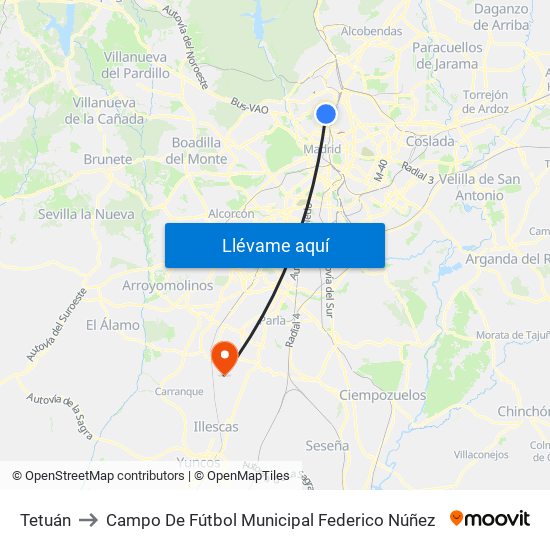 Tetuán to Campo De Fútbol Municipal Federico Núñez map