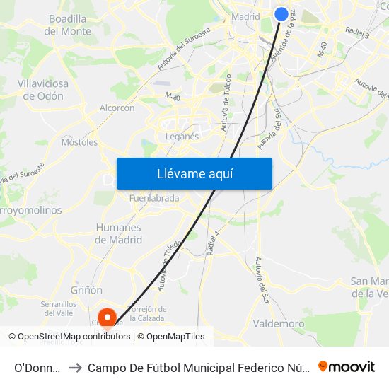 O'Donnell to Campo De Fútbol Municipal Federico Núñez map
