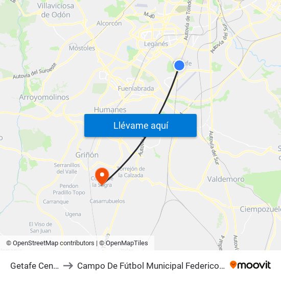 Getafe Central to Campo De Fútbol Municipal Federico Núñez map