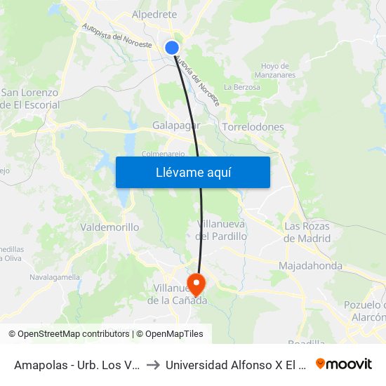 Amapolas - Urb. Los Valles to Universidad Alfonso X El Sabio map