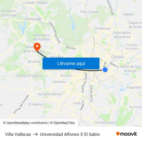 Villa Vallecas to Universidad Alfonso X El Sabio map