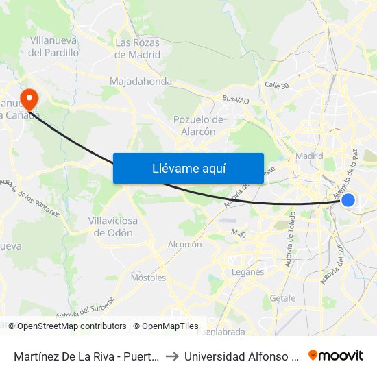 Martínez De La Riva - Puerto Bonaigua to Universidad Alfonso X El Sabio map
