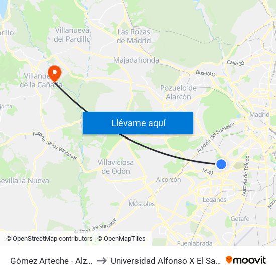 Gómez Arteche - Alzina to Universidad Alfonso X El Sabio map