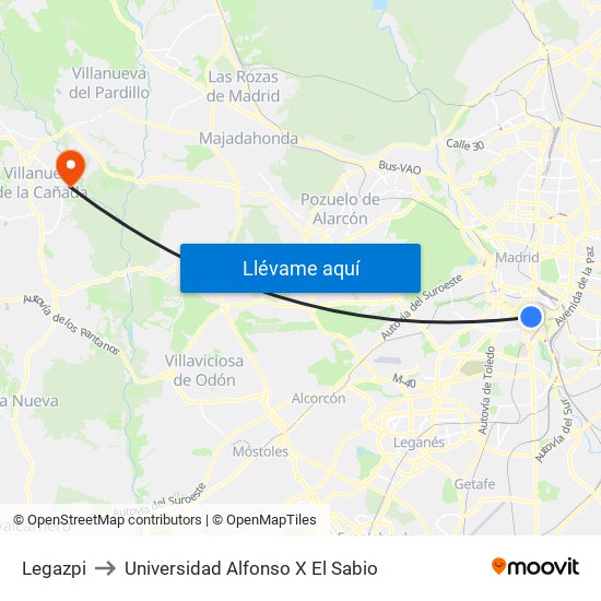Legazpi to Universidad Alfonso X El Sabio map