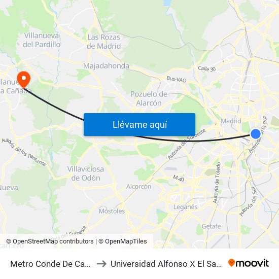 Metro Conde De Casal to Universidad Alfonso X El Sabio map