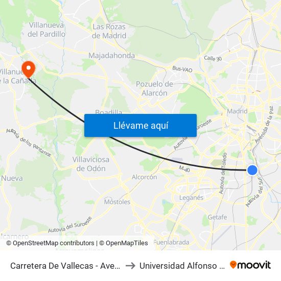 Carretera De Vallecas - Avenida Rosales to Universidad Alfonso X El Sabio map