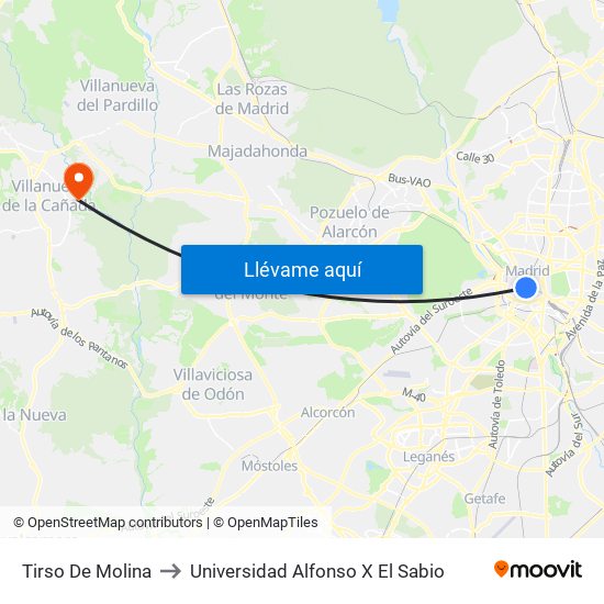 Tirso De Molina to Universidad Alfonso X El Sabio map