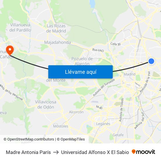 Madre Antonia París to Universidad Alfonso X El Sabio map