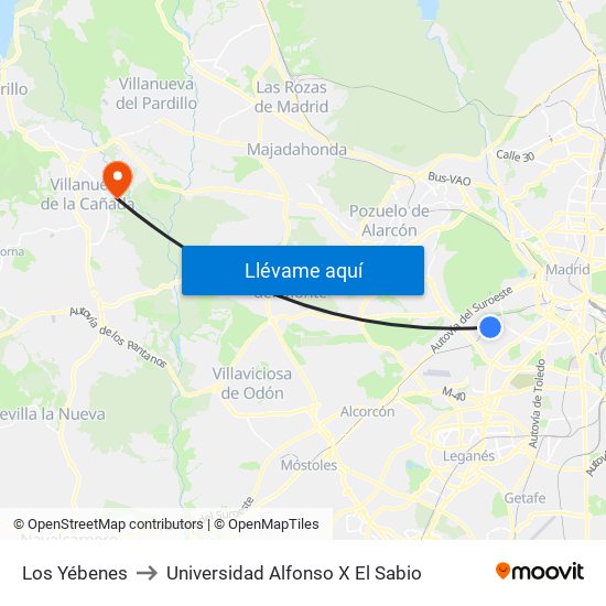 Los Yébenes to Universidad Alfonso X El Sabio map
