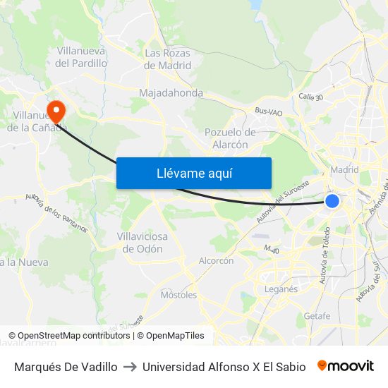 Marqués De Vadillo to Universidad Alfonso X El Sabio map