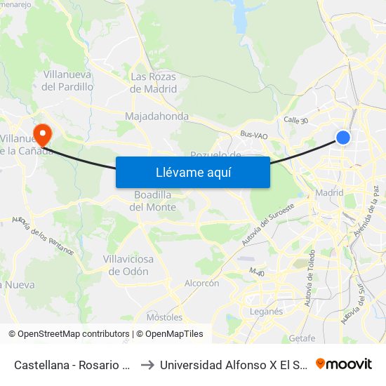 Castellana - Rosario Pino to Universidad Alfonso X El Sabio map