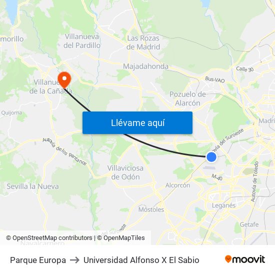 Parque Europa to Universidad Alfonso X El Sabio map