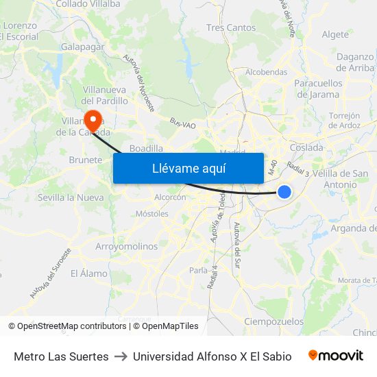 Metro Las Suertes to Universidad Alfonso X El Sabio map