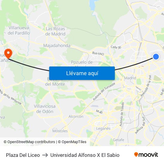 Plaza Del Liceo to Universidad Alfonso X El Sabio map