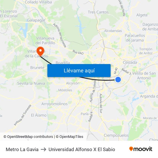 Metro La Gavia to Universidad Alfonso X El Sabio map