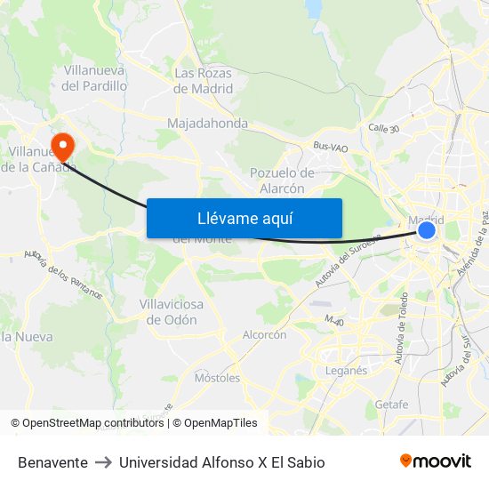 Benavente to Universidad Alfonso X El Sabio map