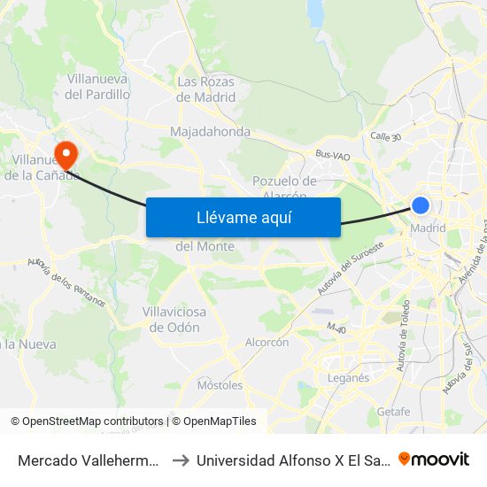 Mercado Vallehermoso to Universidad Alfonso X El Sabio map