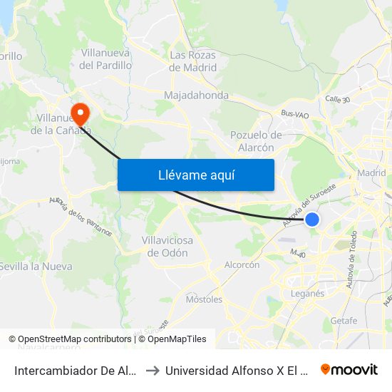 Intercambiador De Aluche to Universidad Alfonso X El Sabio map