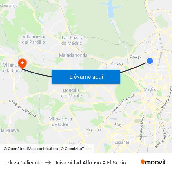 Plaza Calicanto to Universidad Alfonso X El Sabio map