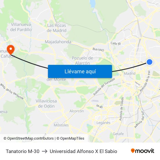 Tanatorio M-30 to Universidad Alfonso X El Sabio map