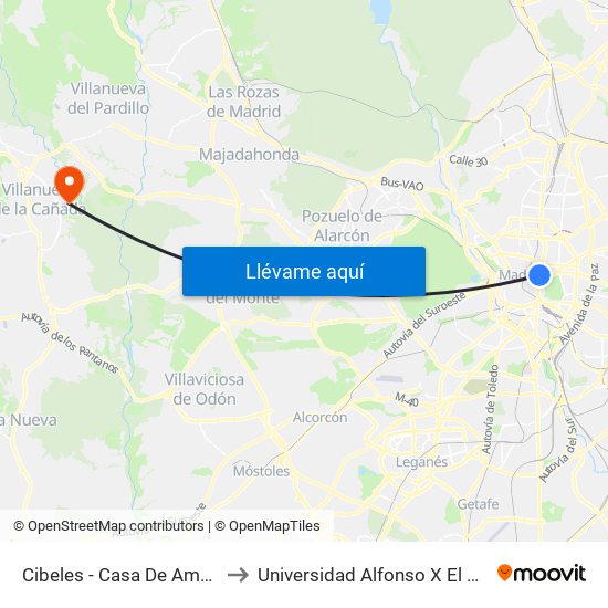 Cibeles - Casa De América to Universidad Alfonso X El Sabio map