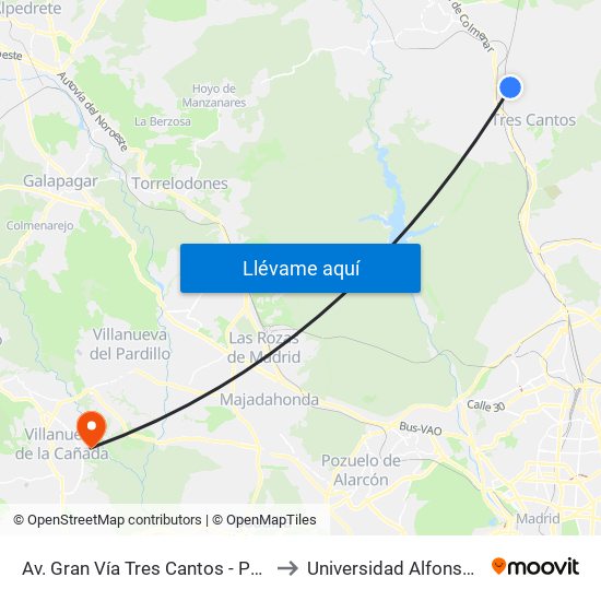 Av. Gran Vía Tres Cantos - Pza. Hoya Tocón to Universidad Alfonso X El Sabio map