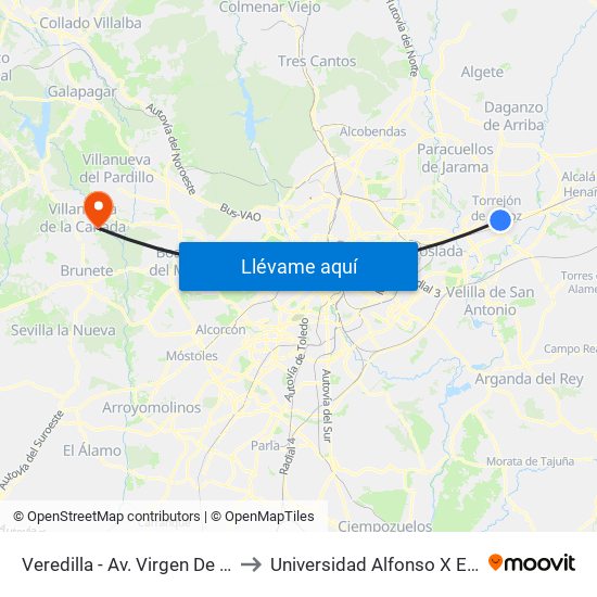 Veredilla - Av. Virgen De Loreto to Universidad Alfonso X El Sabio map