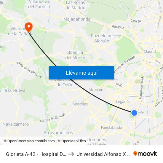 Glorieta A-42 - Hospital De Getafe to Universidad Alfonso X El Sabio map