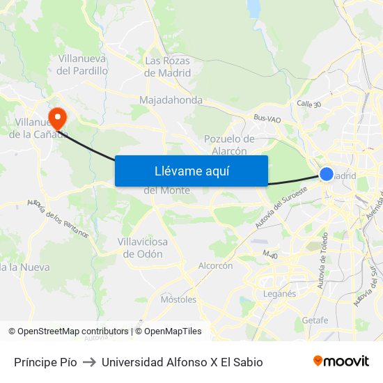 Príncipe Pío to Universidad Alfonso X El Sabio map
