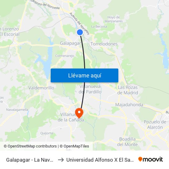 Galapagar - La Navata to Universidad Alfonso X El Sabio map