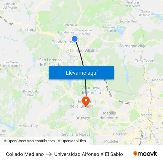 Collado Mediano to Universidad Alfonso X El Sabio map