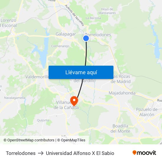 Torrelodones to Universidad Alfonso X El Sabio map