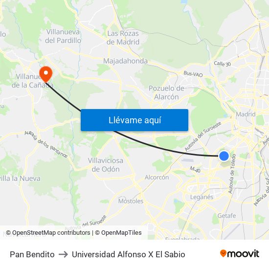 Pan Bendito to Universidad Alfonso X El Sabio map