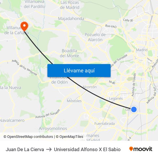 Juan De La Cierva to Universidad Alfonso X El Sabio map