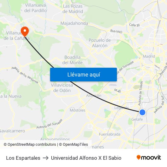 Los Espartales to Universidad Alfonso X El Sabio map