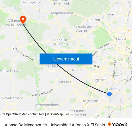 Alonso De Mendoza to Universidad Alfonso X El Sabio map