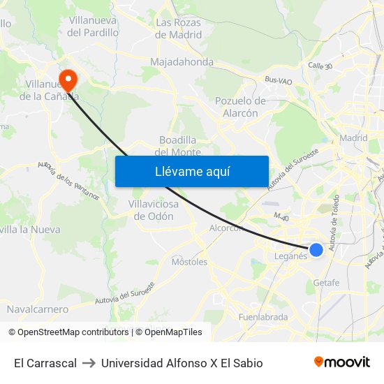 El Carrascal to Universidad Alfonso X El Sabio map