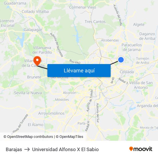 Barajas to Universidad Alfonso X El Sabio map